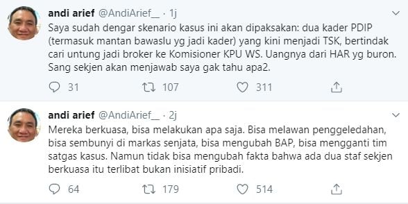 Andi Arief klaim mengetahui skenaio dalam kasus Wahyu Setiawan (Twitter/andiarief_)