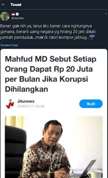 Cuitan Iwan Fals soal pernyataan Mahfud MD. (Twitter/@iwanfals)