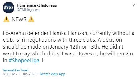 Hamka Hamzah diperebutkan tiga tim Liga 1 2020. (Twitter/@TMidn_news).