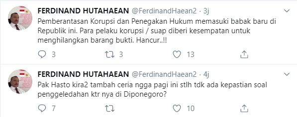 Ferdinand Hutahaean menyindir Hasto dalam kasus suap komisioner KPU (Twitter/ferdinandhaean2)