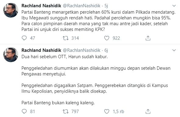 Rachland PD sindir PDIP sukses memiting KPK di kasus komisioner KPU (Twitter)