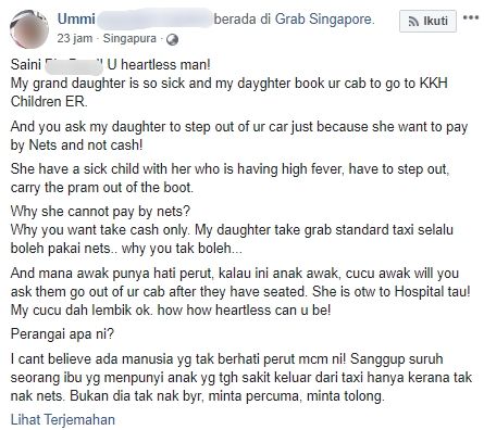 Viral taksi online yang tak mau mengantar bocah yang sedang sakit. (Facebook)