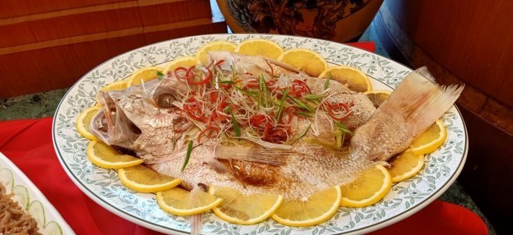  Steamed Red Snapper with Hongkong Sauce atau Ikan Kakap Merah Kukus dengan sauce spesial khas Hongkong . (Suara.com/Silfa Humairah)