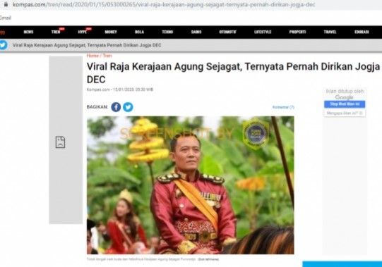 Artikel asli doal Kerajaan Agung Sejagad. (turnbackhoax.id)