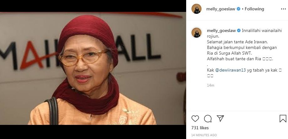 Melly Goeslaw umumkan kabar meninggalnya Ade Irawan [Instagram/melly_goeslaw]