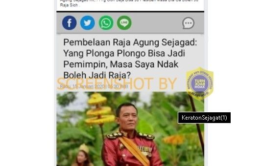 Unggahan Raja Agung Sejagad Sebut Yang Plonga-plongo Bisa Jadi Pemimpin, Masa Saya Ndak Boleh Jadi Raja?. (turnbackhoax.id)