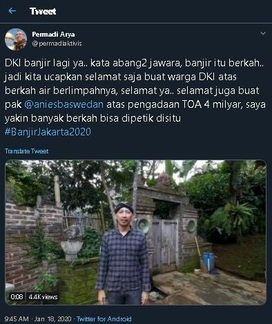 Cuitan Abu Janda soal Jakarta banjir lagi. (Twitter/@permadiaktivis)