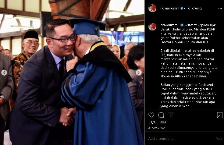 Ridwan Kamil beri ucapan selamat ke Basuki Hadimuljono. (Instagram/@ridwankamil)