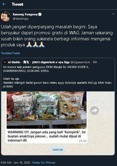 Cuitan Kaesang soal larangan beli dagangan anak Jokowi di grup WA. (Twitter/@kaesangp)