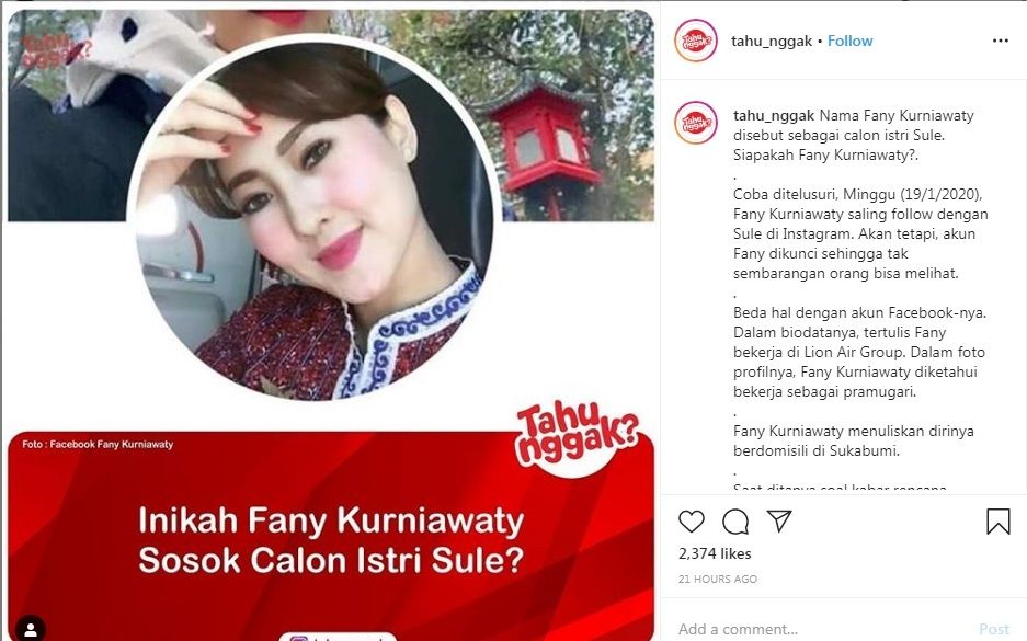  Fany Kurniawaty, perempuan yang diduga calon istri Sule [Instagram/@tahu_nggak]