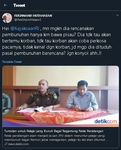 Cuitan Ferdinand soal pelajar bunuh begal. (Twitter/@FerdinandHutahaean2)