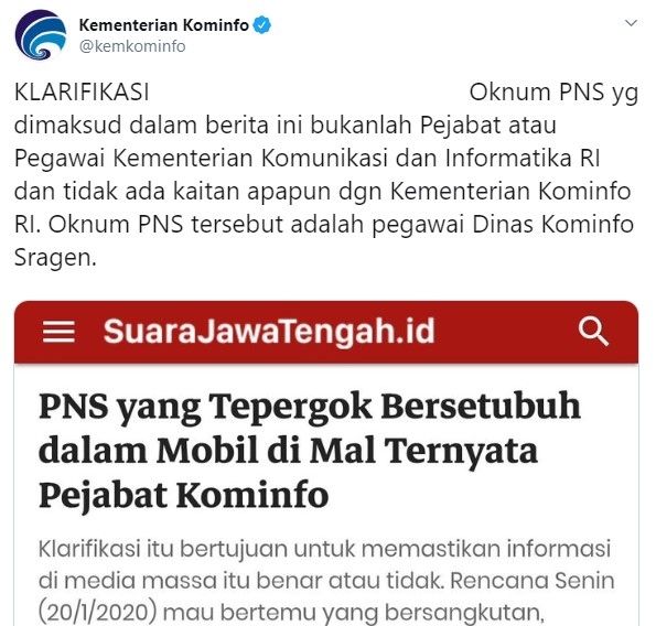 Kemkominfo klarifikasi oknum PNS Kominfo yang tepergok bersetubuh dalam mobil (Twitter/kemkominfo)