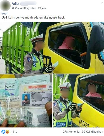 Viral emak-emak jadi sopir truk. (Facebook/Adiet)