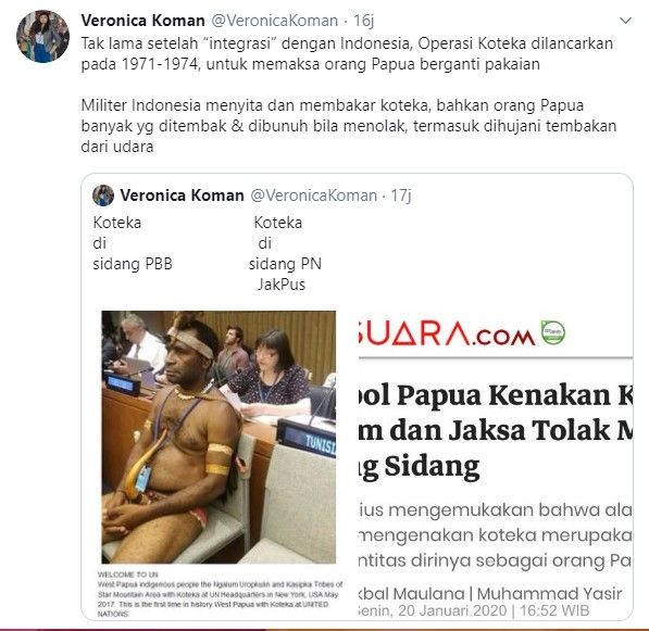 Veronica Koman bandingkan penggunaan koteka dalam sidang di Jakpus dan PBB (Twitter)