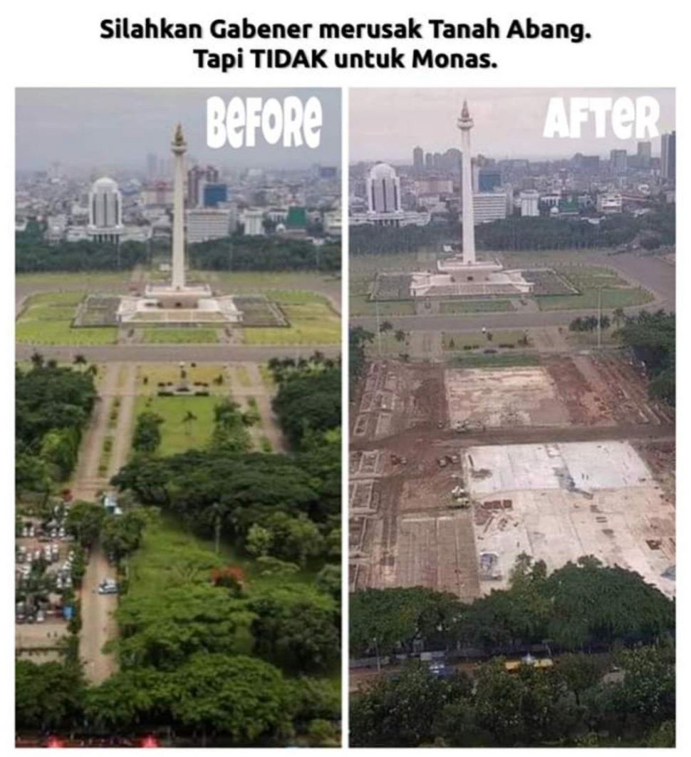 Penampakan Monas sebelum dan sesudah revitalisasi (Twitter/ferdinandahean2)