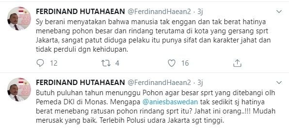 Ferdinand kritisi penebangan pohon di Monas (Twitter/ferdinandhaean2)