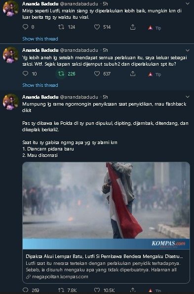 Pengakuan Ananda Badudu saat diperiksa di Polda Metro Jaya. (Twitter/@anandabadudu)