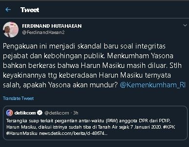 Ferdinand sindir Yasonna Laoly soal Harun Masiku. (Twitter/@FerdinandHaean2)