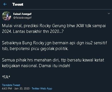 Cuitan Faizal Assegaf soal prediksi Rocky Gerung. (Twitter/@faizalassegaf)