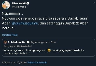 Cuitan Alissa Wahid soal debat hijab dijawab Gus Mus. (Twitter/@AlissaWahid)