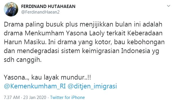 Ferdinand Hutahaean desak Menkumham Yasonna Laoly mundur dari jabatannya (Twitter)