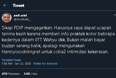 Cuitan Andi Arief tuding PDIP bayar buzzer. (Twitter/@AndiArief_)