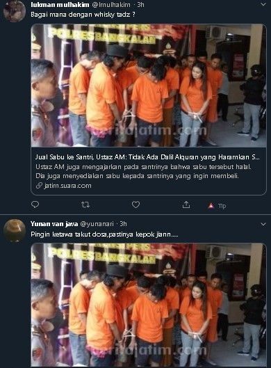 Warganet tanggapi kasus AM yang menyebut tak ada dalil mengharamkan sabu-sabu. (Twitter)