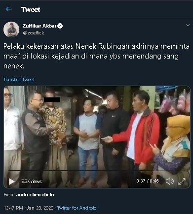 Pelaku tindak kekerasan kepada Nenek Rubingah minta maaf. (Twitter/@zoelflick)