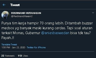 Cuitan Ferdinand Hutahaean soal revitalisasi Monas. (Twitter/@FerdinandHaean2)