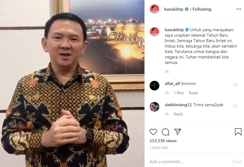 Ahok beri ucapan selamat Tahun Baru Imlek (Instagram/basukibtp)