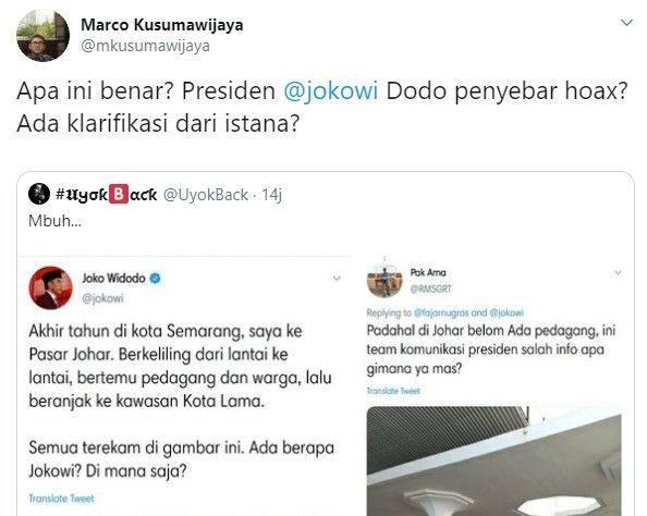 Eks TGUPP DKI Jakarta Marco Kusumawijaya sebut Jokowi penyebar hoaks? (Twitter)