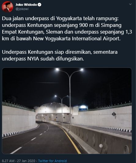 Presiden Jokowi baru saja mengunggah soal perkembangan pembangunan dua underpass di Yogyakarta, Senin (27/1/2020). [@jokowi / Twitter]