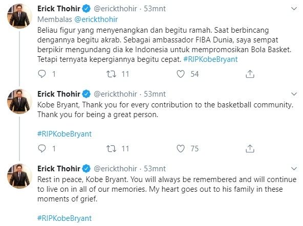 Erick Thohir kenang pertemuan terakhir dengan Kobe Bryant (Twitter/erickthohir)