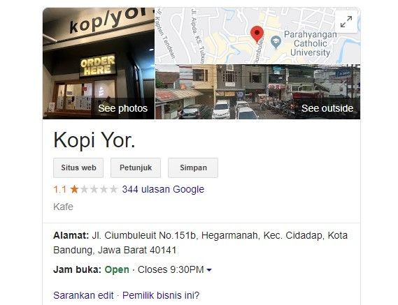 Usai pegawai aniaya ojol, review Google Kopi Yor anjlok (google)