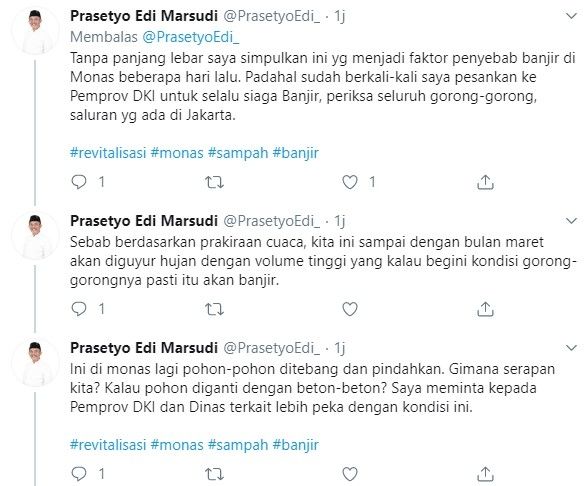 Ketua DPRD DKI Jakarta Prasetyo ungkap penyebab banjir Monas (Twitter)