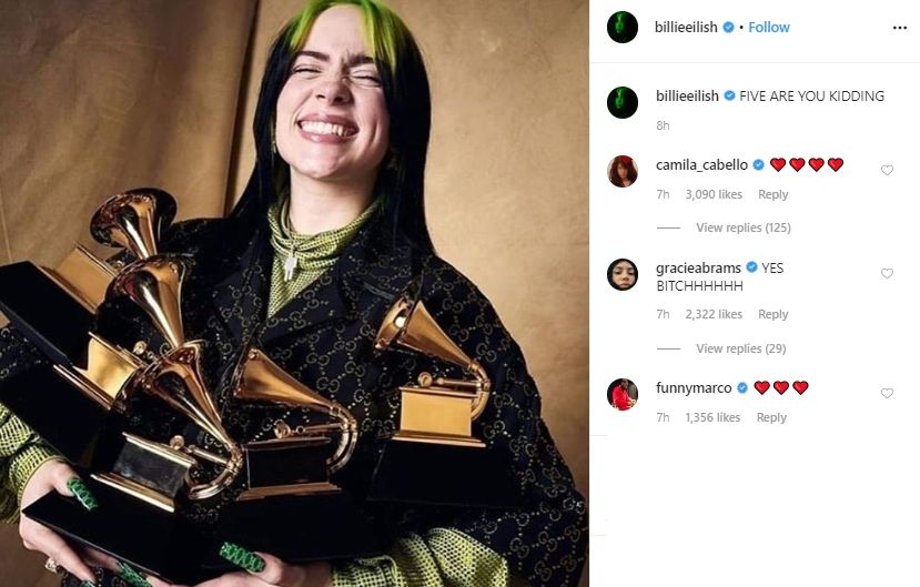 Billie Eilish di Grammy Awards 2020. (Instagram/@billieeilish)