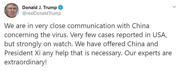 Trump tawarkan bantuan ke China kendalikan virus corona (Twitter/realdonaldtrump)