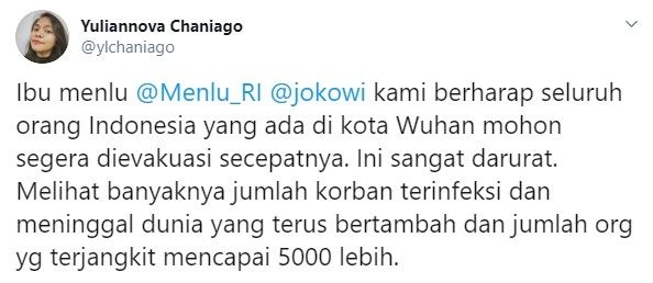 Mahasiswa Indonesia di Wuhan minta segera dievakuasi (Twitter)