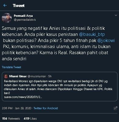 Cuitan rektor UIC soal revitalisasi Monas tuai kritik. (Twitter/@permadiaktivis)