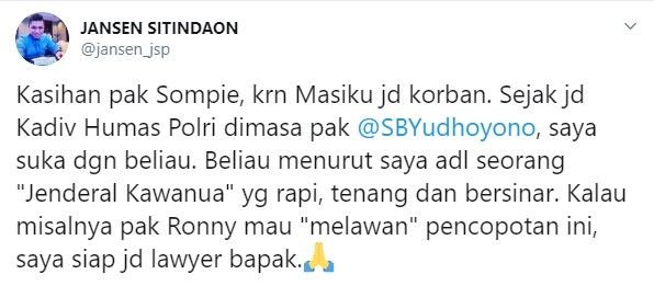 Jansen Sitindaon menawarkan diri menjadi lawyer Dirjen Imigrasi (Twitter/jansen_jsp)