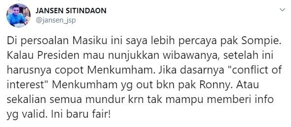 Jansen Sitindaon minta Jokowi pecat Menkumham Yasonna H Laoly (Twitter/jansen_jsp)