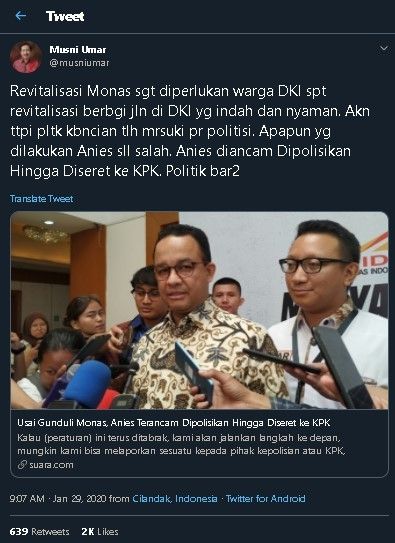 Cuitan rektor UIC soal revitalisasi Monas. (Twitter/@musniumar)