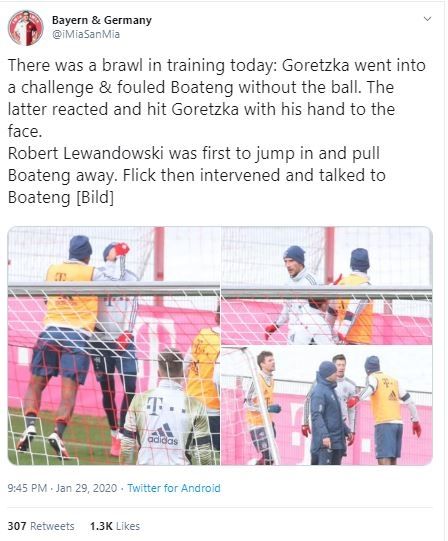 Leon Goretzka dan Jerome Boateng berkelahi. (Twitter/@iMiaSanMia).