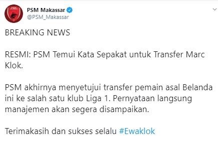 PSM Makassar resmi lepas Marc Klok. (Twitter/@psm_makassar).