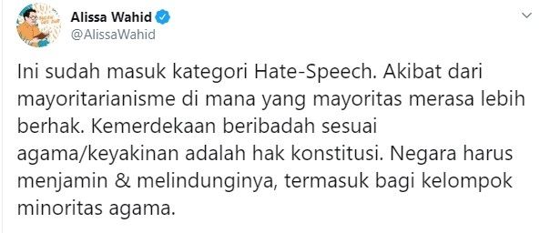 Alissa Wahid geram tahu kabar perusakan musala di Tumaluntung (Twitter/alissawahid)