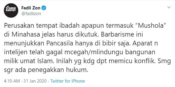 Fadli Zon mengutuk aksi perusakan terhadap tempat ibadah (Twitter/fadlizon)