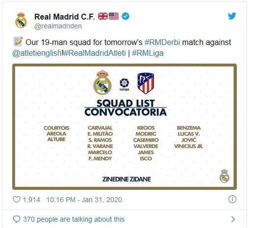 Daftar 19 pemain Real Madrid untuk menghadapi Atletico di Santiago Bernabeu, Sabtu (1/2/2020). [Twitter Real Madrid]