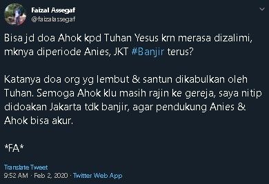 Jakarta Banjir di Era Anies, Faizal: Bisa Jadi Ini Doa Ahok yang Dizalimi