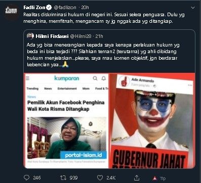 Fadli Zon tanggapi penangkapan peghina Wali Kota Risma. (Twitter/@fadlizon)