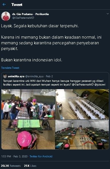 Cuitan warga Natuna soal kelayakan tempat karantina WNI dari Wuhan. (Twitter)